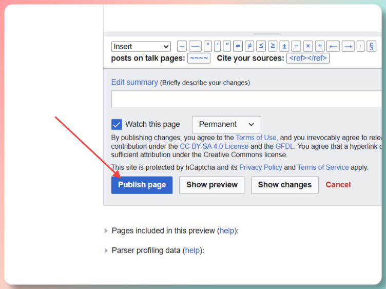Screenshot showing how to publish your Wikipedia page - click the Publish page button to make your content live on Wikipedia